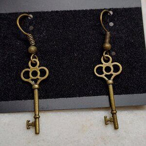 Artisan, hand-made antique gold-tone Key earrings